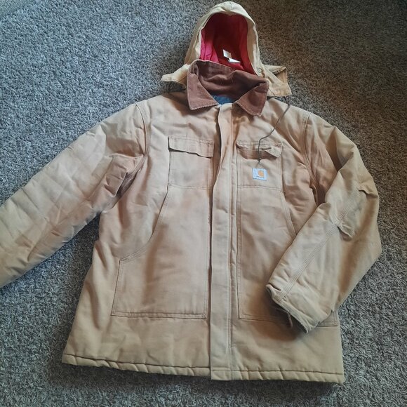 Carhartt Jacket Mens Brown 50 Tall Blanket Lined Chore Ranch C01 BRN & Hood A04 - Picture 1 of 10